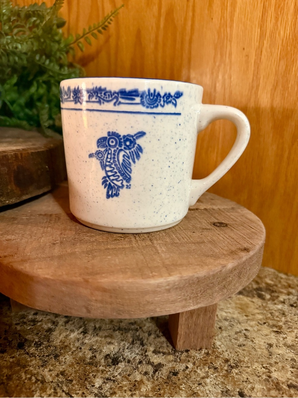 MCM Folk Art Blue Bird Coffee Mug Buffalo China Oneida 701B Speckled Diner Ware